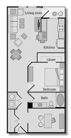 Floor plan for 1 bed, 1 bath, 940 sqft